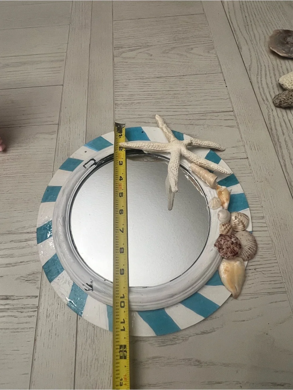Handcrafted Coastal Striped Round Wall Mirror with Shell Accents- 12” Blue/White